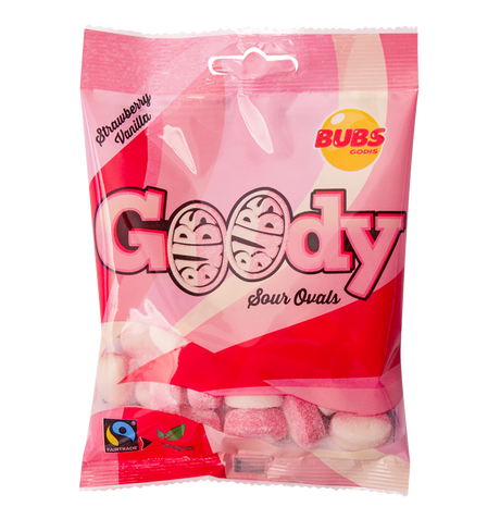 Bag of Bubs Sour Vanilla Strawberry candy, Fairtrade certified, featuring vibrant pink and white packaging.