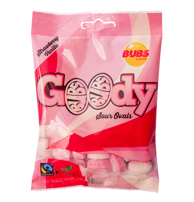 Bag of Bubs Sour Vanilla Strawberry candy, Fairtrade certified, featuring vibrant pink and white packaging.