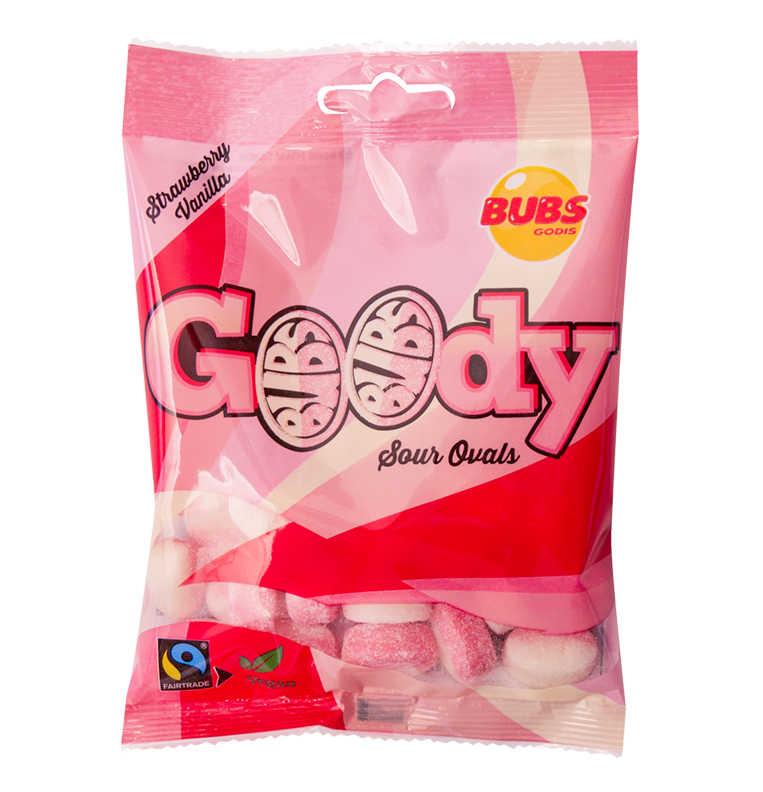 Bag of Bubs Sour Vanilla Strawberry candy, Fairtrade certified, featuring vibrant pink and white packaging.