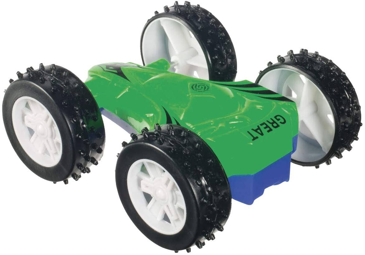 A Flip Car in green and blue featuring friction pull-back functionality, equipped with action-packed, all-terrain wheels and large textured black tires, suitable for indoor and outdoor play.