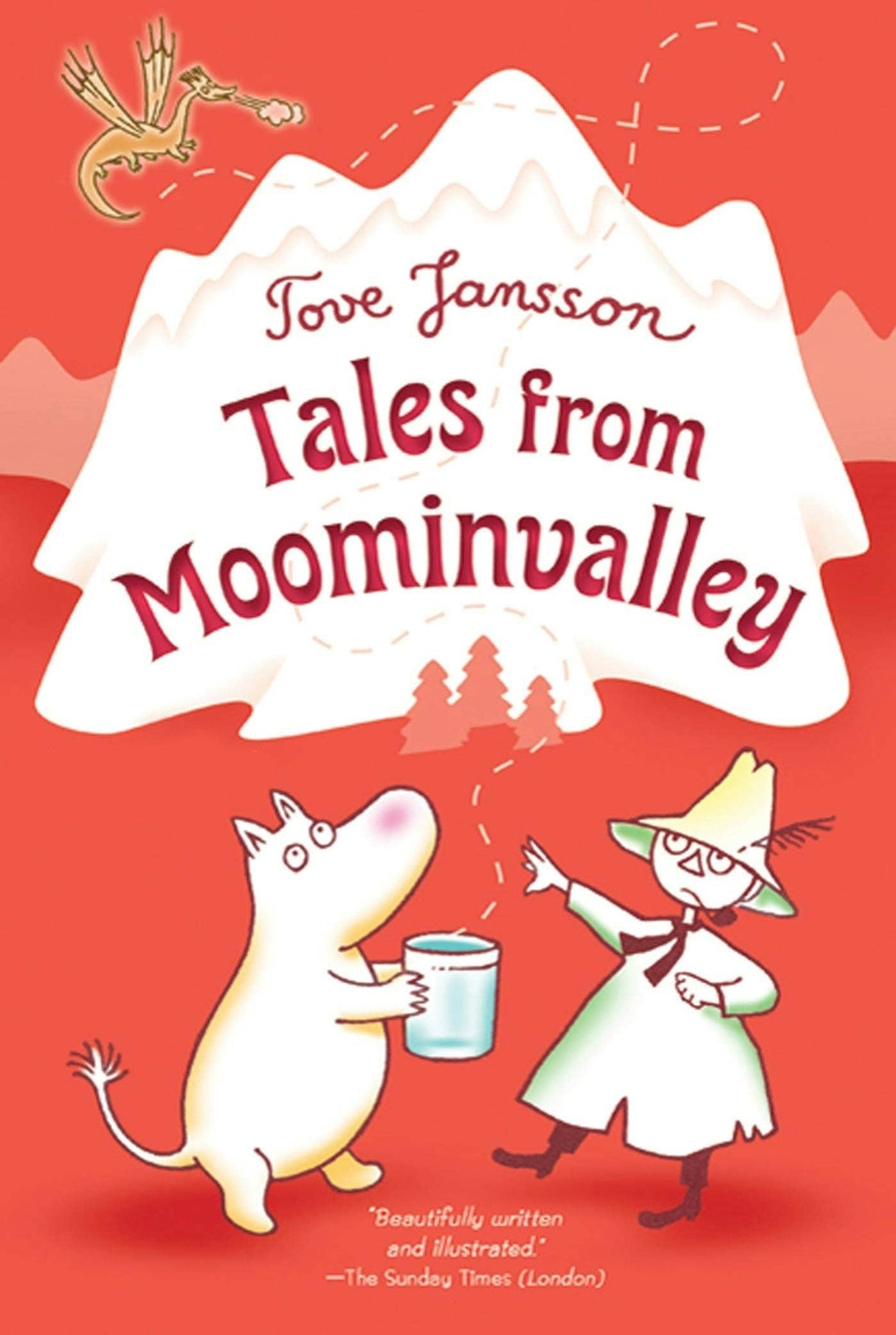Book cover of Tales From Moominvalley by Tove Jansson, featuring Moomintroll and Snufkin on a red and white mountain-themed background that reflects the whimsical charm of Moomin Valley.