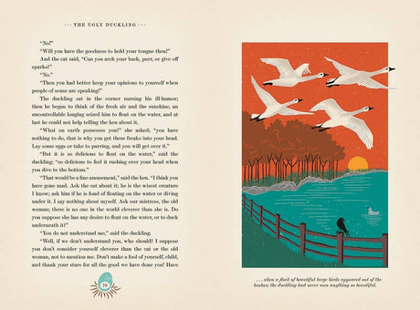 Hardcover book page with white swans flying above and swimming in a pond, and visible Hans Christian Andersen fairytale text on a cream background.