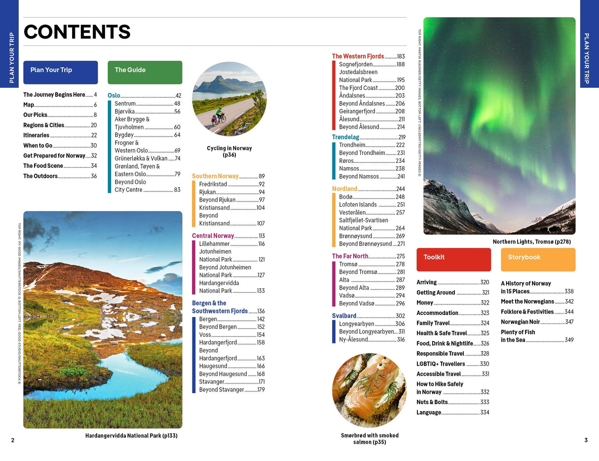 Sure! Here’s a rewrite using your product data: Two pages from the Hachette Book Group’s “Lonely Planet Norway Northern Lights Safari Far North Hiking & Skiing Oslo Walking Tours Travel Guide” feature a colorful table of contents with vibrant section titles, small landscape and food photos—including highlights of the scenic Lofoten Islands—and an aurora borealis image in the top right corner, evoking the dazzling Northern Lights that make Tromsø renowned.
