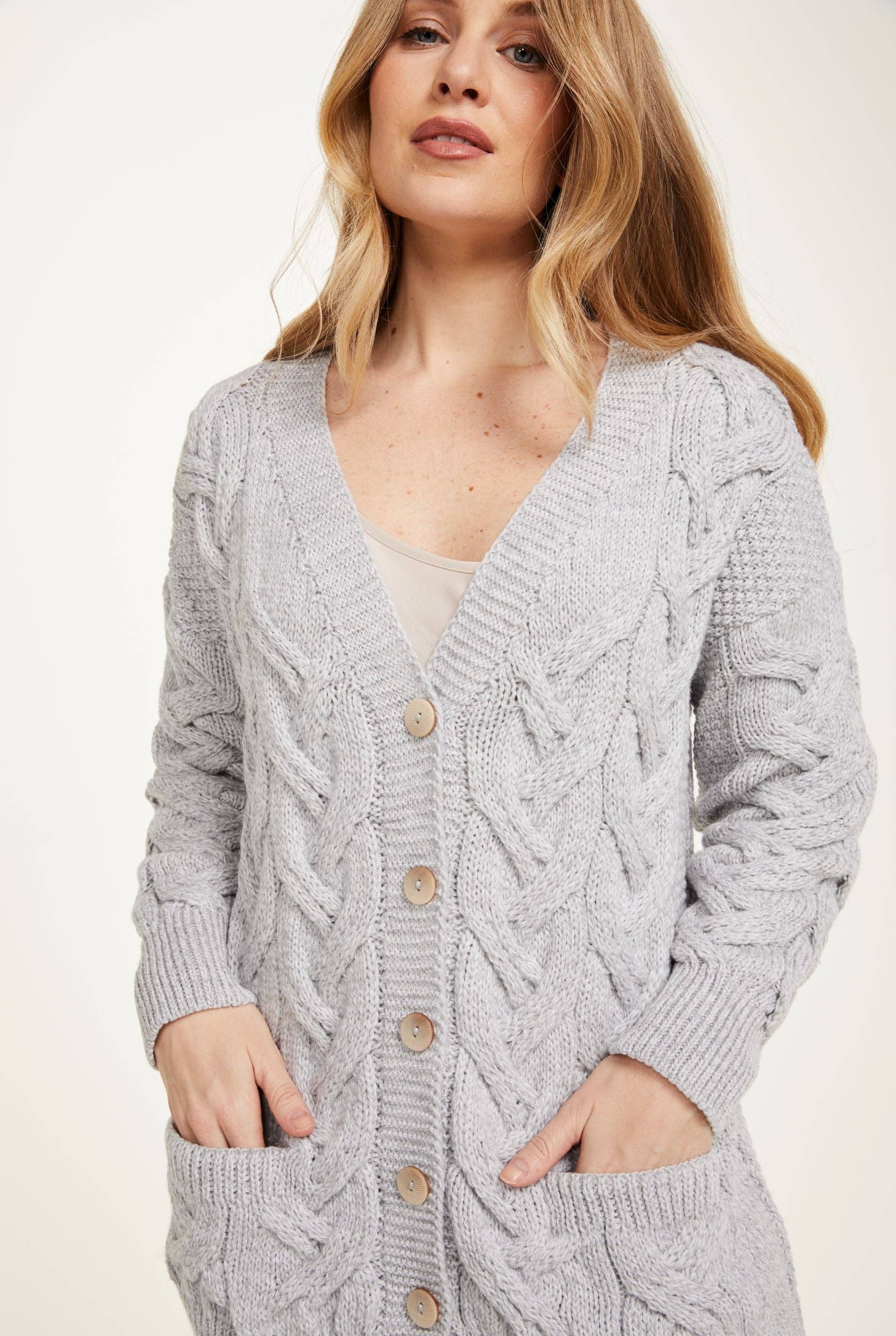 Sweater: Downpatrick Ladies Aran Cardigan - Feathered Grey