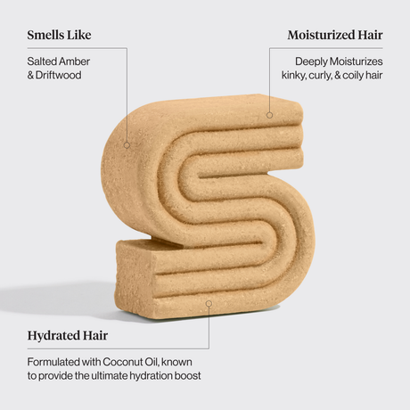 The Hair: Coconut Oil Shampoo & Conditioner Bar Combo for Dry Damaged Hair by Kitsch features 2 tan, S-shaped bars that hydrate and moisturize curly hair with a coconut scent, ideal for kinky, curly, and coily textures.