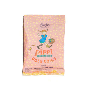 A pink bag of Pippi Longstocking Gold Coins Swedish Candy (4.2oz/120g), featuring tropical sour vegan and gluten-free coins, with Pippi Longstocking illustrated on the front.