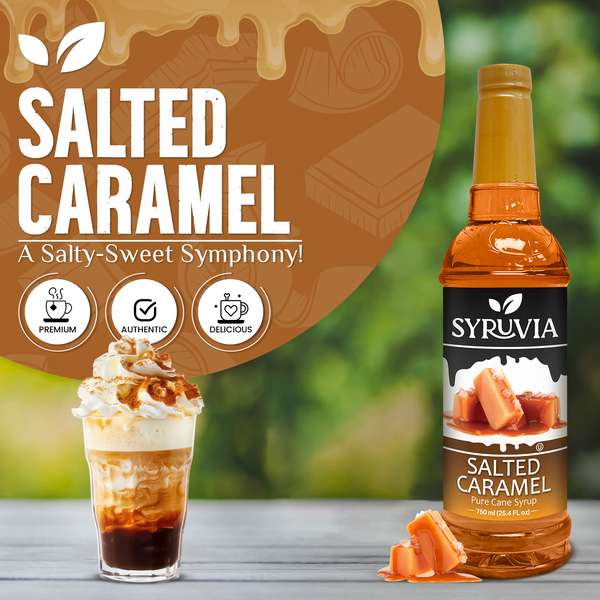 Syruvia Pure Cane Sugar Salted Caramel Syrup sits beside an iced caramel drink with whipped cream, caramel drizzle, and caramel pieces. Text highlights its rich flavor and premium coffee syrup qualities.