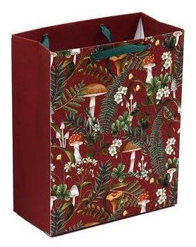 A delightful gift bag featuring forest mushroom designs in red or green, complete with handles and a charming fern pattern, ideal for your enchanting gift wrapping needs.