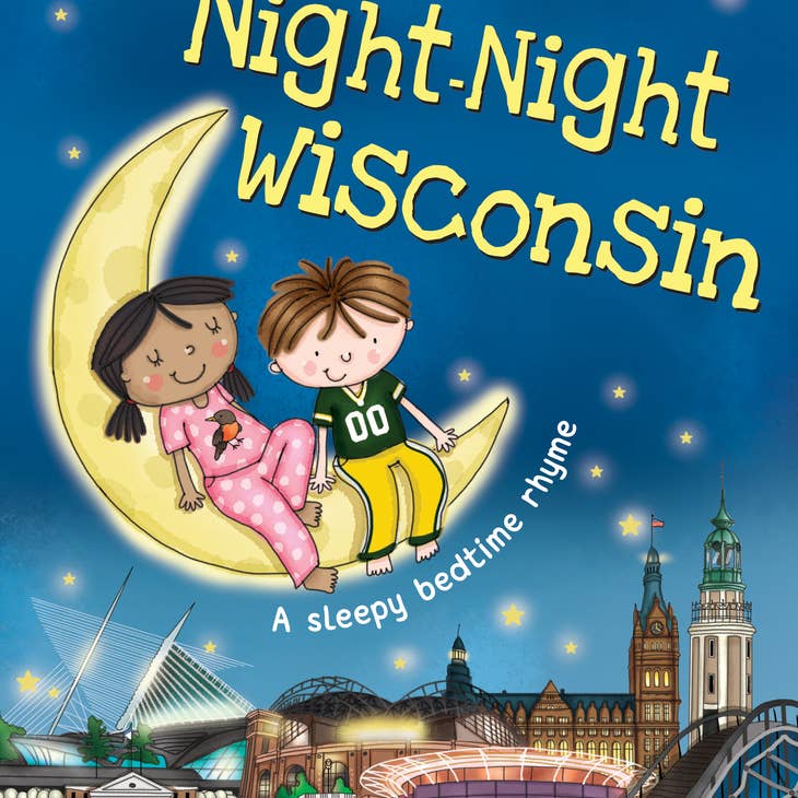 The book, "Night-Night Wisconsin," is a beautifully illustrated children's storybook cover that serves as an ideal gift from Wisconsin. It depicts two children sitting on a crescent moon beneath a starry sky, with famous Wisconsin landmarks visible in the distance. This charming book is a wonderful addition to any collection of Wisconsin bedtime stories or the Goodnight America series.