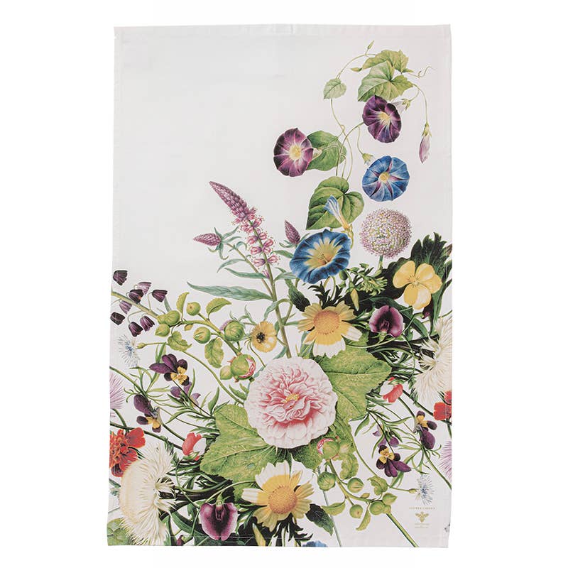 A stunning illustration of vibrant flowers artistically arranged on a pristine white backdrop, perfectly capturing the elegance seen in the "Tea Towel: A Flower Garden" by Jim Lyngvild Koustrupco, crafted from 100% organic cotton.