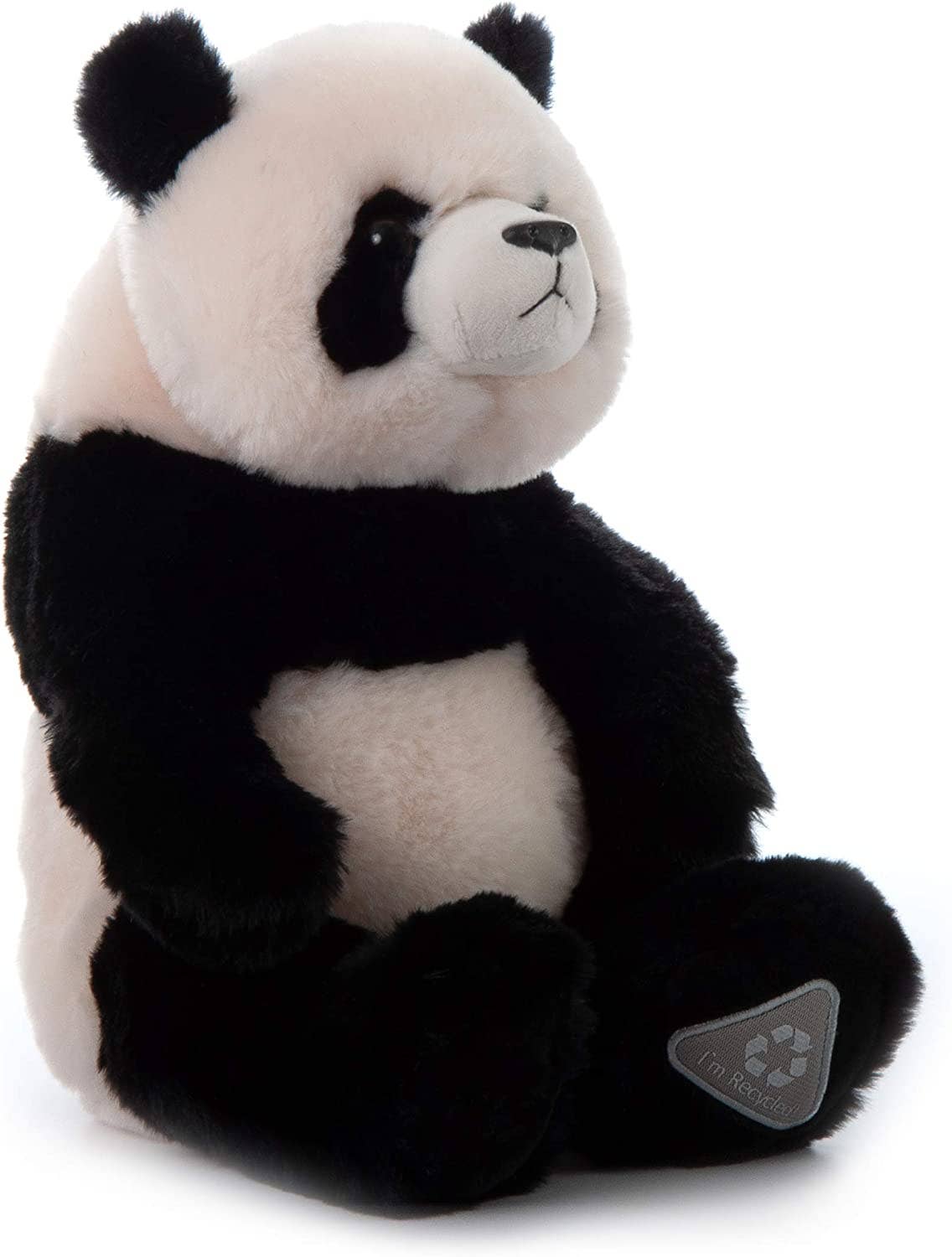 A Plush: Panda 12" Wild Onez toy sits upright on a white background, showcasing its cuddly black and white fur. This adorable stuffed bear features a recycling symbol on its foot, making it a thoughtful addition to any collection of panda gifts.