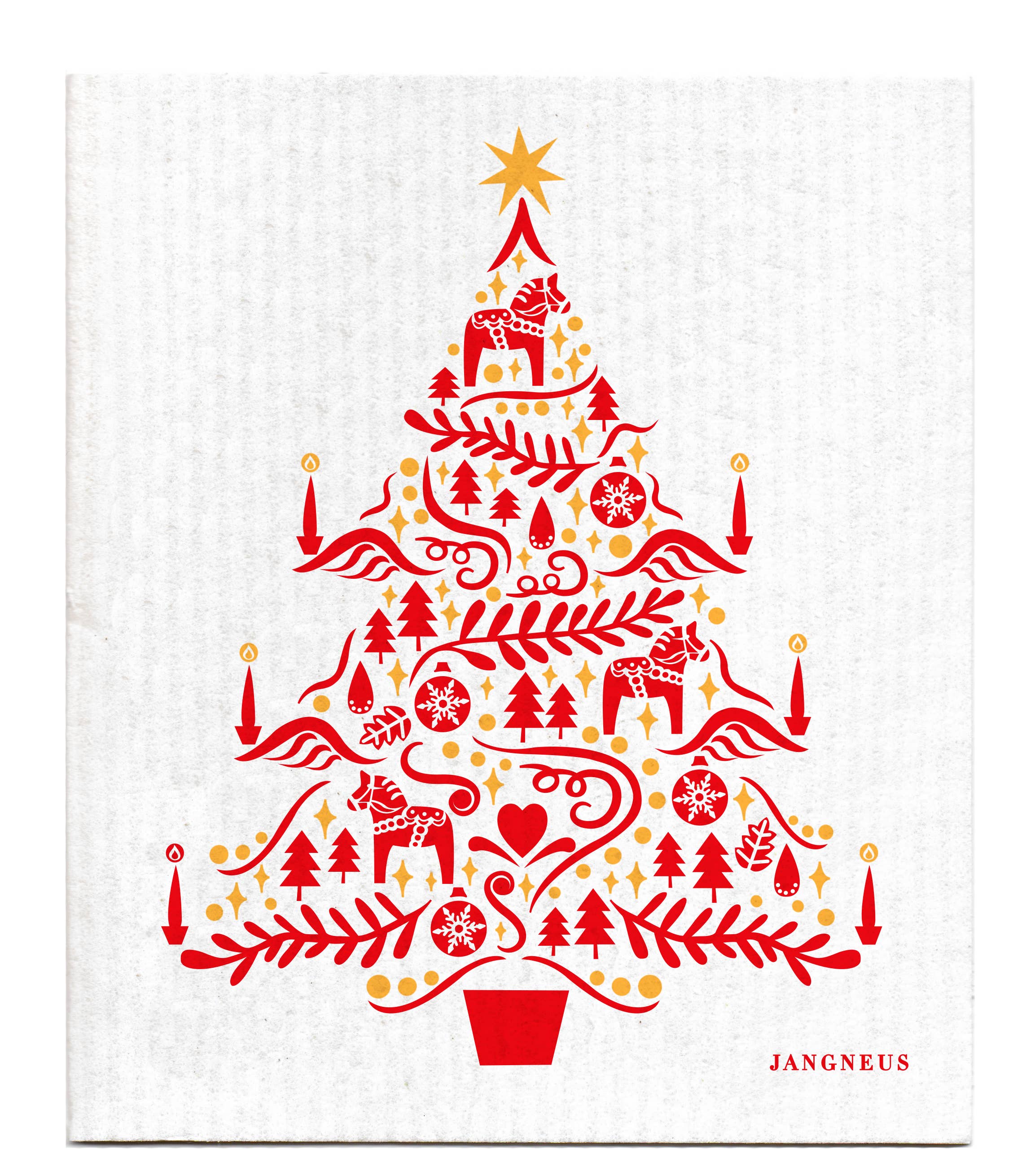 The Swedish Dishcloth: Red Scandi Christmas Tree Dish Cloth features a festive tree with red and yellow Scandinavian ornaments, candles, and a star on top, printed on white textured material.