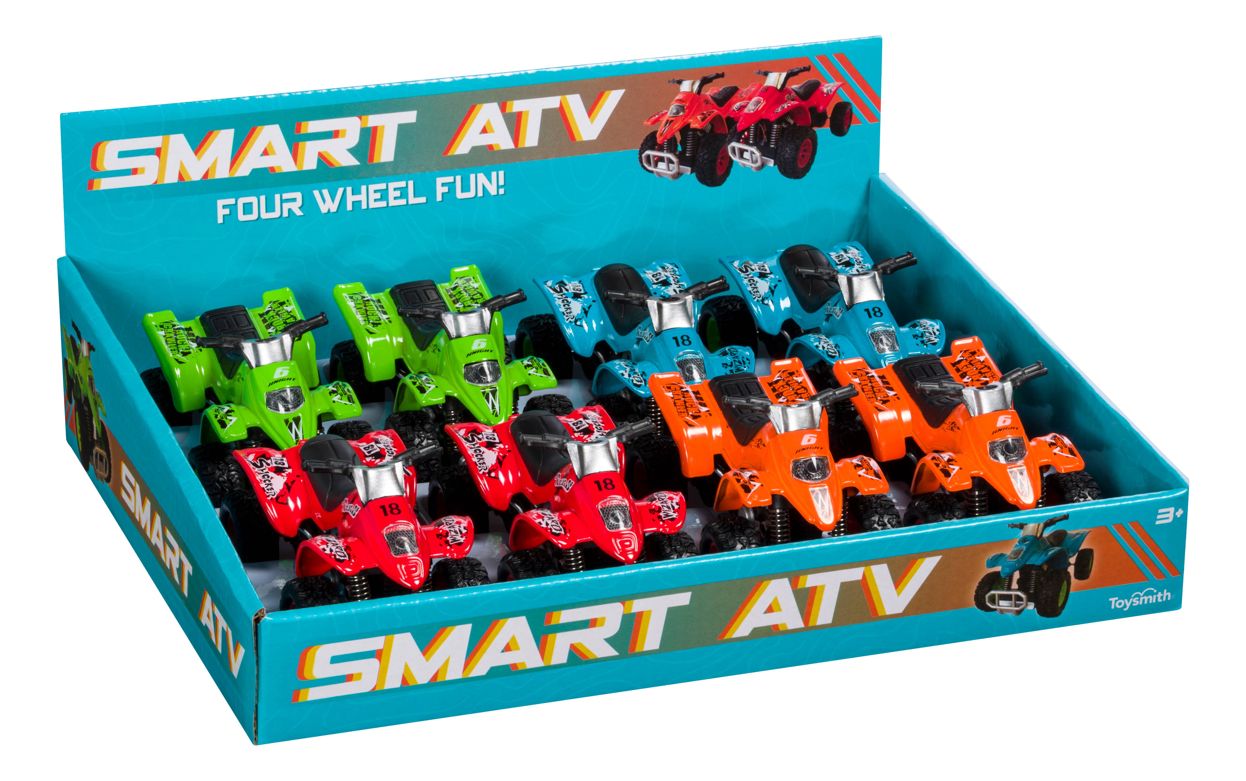 A display box showcases vibrant Toy: Smart ATV Pull Back Toys, designed for ages 5+. These models, made with diecast metal, come in red, green, blue, and orange varieties. Arranged neatly to catch the eye, they feature a pull back toy mechanism.