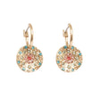 Earrings: A&C Oslo Vibrance Gold Coin Earrings feature round, textured gold-toned layered pendants with small blue, turquoise, and pink gemstones in a circular pattern for a vibrant, colorful look.