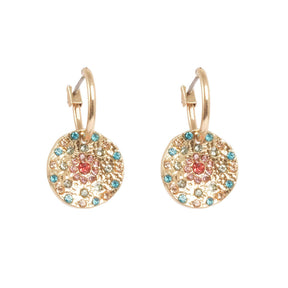 Earrings: A&C Oslo Vibrance Gold Coin Earrings feature round, textured gold-toned layered pendants with small blue, turquoise, and pink gemstones in a circular pattern for a vibrant, colorful look.