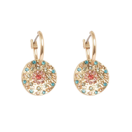 Earrings: A&C Oslo Vibrance Gold Coin Earrings feature round, textured gold-toned layered pendants with small blue, turquoise, and pink gemstones in a circular pattern for a vibrant, colorful look.