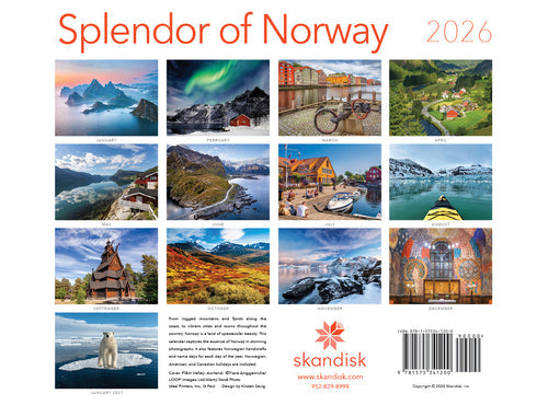 Back cover of the Splendor of Norway Calendar 2026, displaying twelve stunning monthly photos of Norway with descriptions and company info below—a perfect wall calendar for every nature lover.