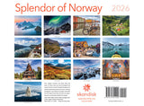 Back cover of the Splendor of Norway Calendar 2026, displaying twelve stunning monthly photos of Norway with descriptions and company info below—a perfect wall calendar for every nature lover.