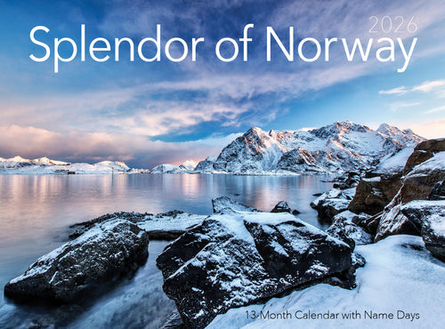 Cover of the Calendar: Splendor of Norway Calendar 2026, showing snowy mountains mirrored in a tranquil lake at sunrise or sunset—a breathtaking Norwegian wall calendar for 2026.