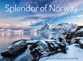 Cover of the Calendar: Splendor of Norway Calendar 2026, showing snowy mountains mirrored in a tranquil lake at sunrise or sunset—a breathtaking Norwegian wall calendar for 2026.