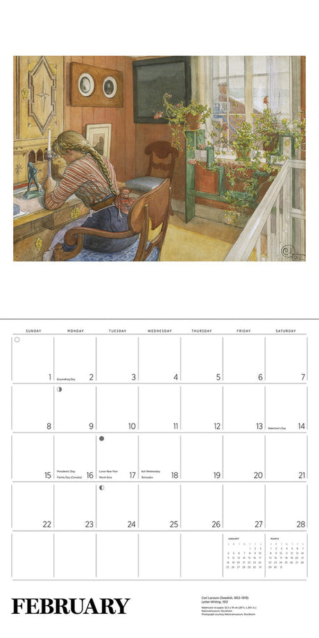 A February page from the Calendar: Carl Larsson 2026 wall calendar displays Swedish art—a person at a desk near a window with potted plants—while the 2026 dates appear beneath this charming illustration.