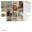 Calendar: Carl Larsson 2026 features twelve Swedish art scenes by Larsson, a concise artist bio, and a 2026 wall calendar grid displayed at the bottom left.