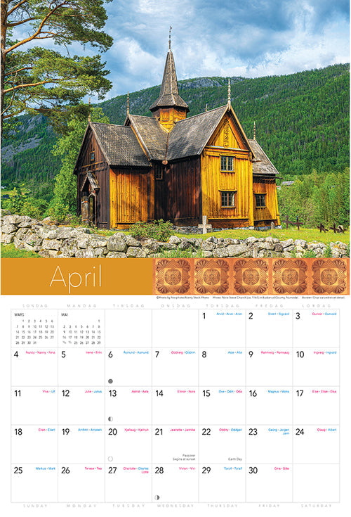 April 2024 calendar page with a wooden church featuring a steep roof, surrounded by green trees and hills, from the Splendor of Norway series.