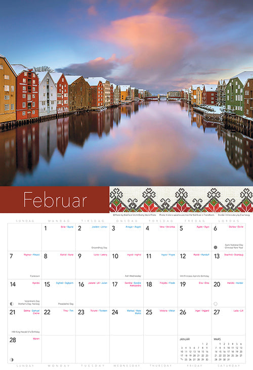 Colorful buildings by a calm river under clouds; below, a 2027 Norwegian wall calendar with traditional patterns and the text Splendor of Norway Calendar.