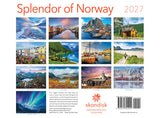2027 wall calendar with photos of Norwegian landscapes, including mountains, lakes, villages, and fjords; each month displays a different scenic image.