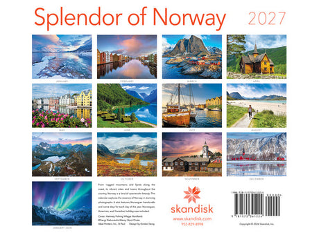 2027 wall calendar with photos of Norwegian landscapes, including mountains, lakes, villages, and fjords; each month displays a different scenic image.