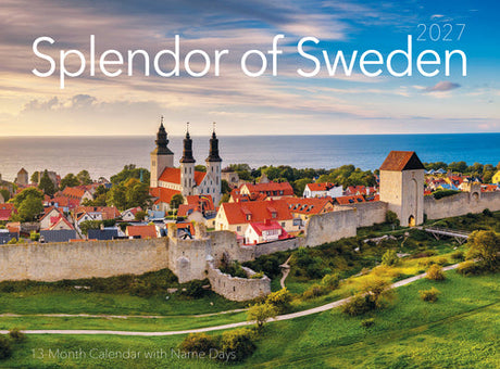 Sweden calendar featuring a Swedish town with colorful houses, church towers, stone walls, lush greenery, and the sea in the background.