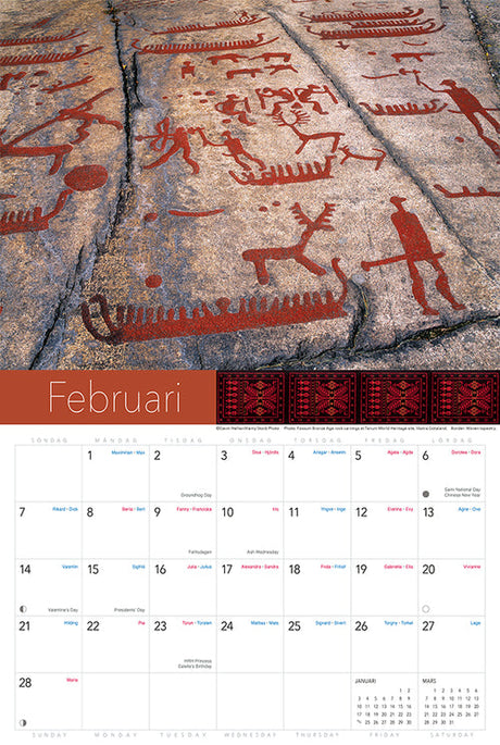 Calendar page for February 2027 with ancient Swedish rock carvings of people, boats, and animals above a grid showing days and dates in Swedish.