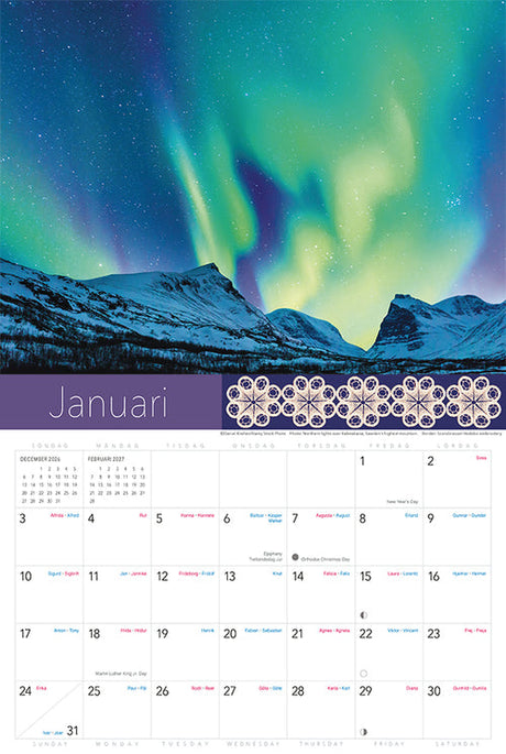 2027 wall calendar with a photo of northern lights over snowy mountains, Swedish holidays and notes shown on a white background.