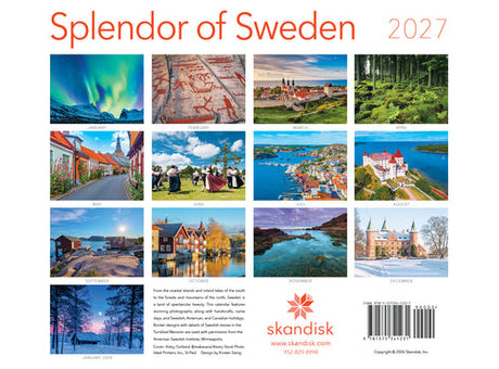 2027 Sweden calendar cover with 12 scenic photos arranged in a grid, “Splendor of Sweden” in red at the top.