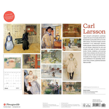 Back cover of a Swedish calendar showing thumbnails of 13 Carl Larsson artworks, a short biography text block, and a June page preview with a woman holding a baby.
