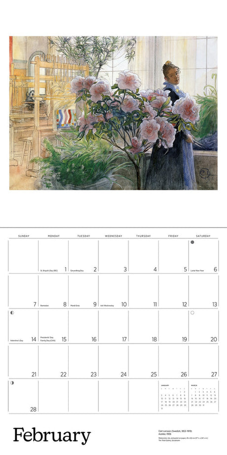 Swedish calendar page for February showing Carl Larsson watercolor of a woman near pink flowers with a weaving loom behind her; dates are printed below the artwork.