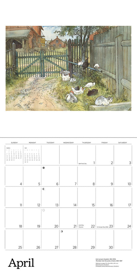Swedish art calendar page for April featuring a Carl Larsson illustration of chickens near a wooden gate and country house.