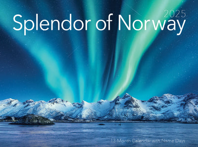 The cover of the Calendar: Splendor of Norway 2025 beautifully exhibits the Northern Lights gracefully illuminating snowy mountains and a serene body of water, encapsulating the spirit of Norwegian holidays.