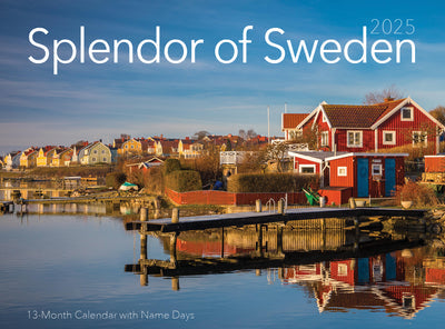 Cover of the Calendar: Splendor of Sweden 2025, showcasing a picturesque coastal village with red houses and tranquil waters. Experience the allure of Swedish holidays while discovering captivating landscapes each month.