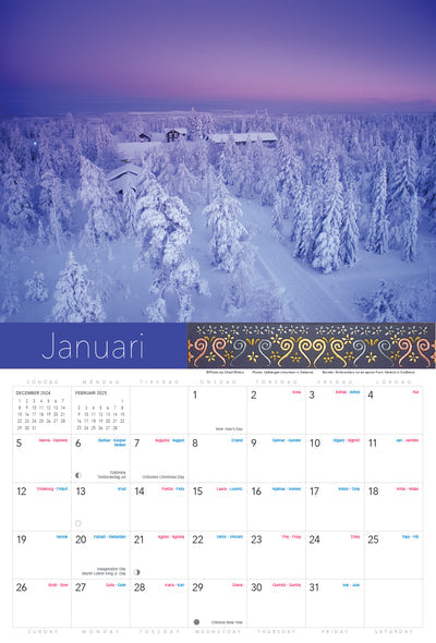 Introducing the January page of the "Splendor of Sweden 2025" calendar, featuring a stunning snowy landscape at the top with a house nestled among snow-laden trees under a picturesque purple sky—ideal for noting Swedish holidays.