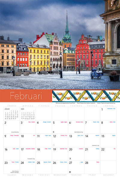 The February page of the "Calendar: Splendor of Sweden 2025" features a vibrant European cityscape with historic Swedish buildings under a cloudy sky, making it an ideal addition to your wall calendar. Relish in the charm of Sweden as it highlights Swedish holidays, enriching each month with cultural significance.