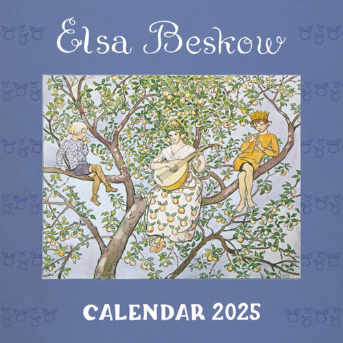 Cover of the Calendar: Elsa Beskow 2025, printed on sustainable paper, featuring an illustration of three characters sitting in a tree.