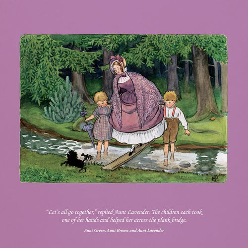 An illustrated scene from the Elsa Beskow 2025 Calendar depicts a woman in a purple dress and bonnet, walking with two children on a plank over a stream, amidst trees. A small dog accompanies them nearby. This eco-friendly calendar is printed on sustainable paper and brings charm to any space.