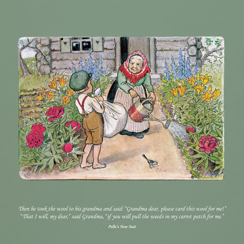 A boy hands a sack to an elderly woman watering flowers in a garden. Below, the text—evocative of the *Calendar: Elsa Beskow 2025*—narrates their conversation about carding wool and pulling weeds, highlighting their shared harmony with nature's rhythms.