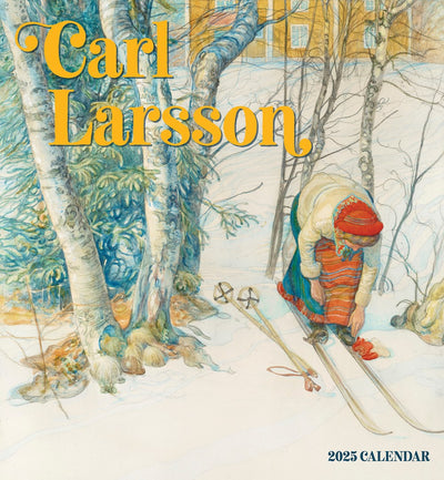 A person in winter clothing adjusts skis next to snow-covered trees. Text reads "Splendor of Sweden 2025" Calendar, perfect for noting Swedish holidays.