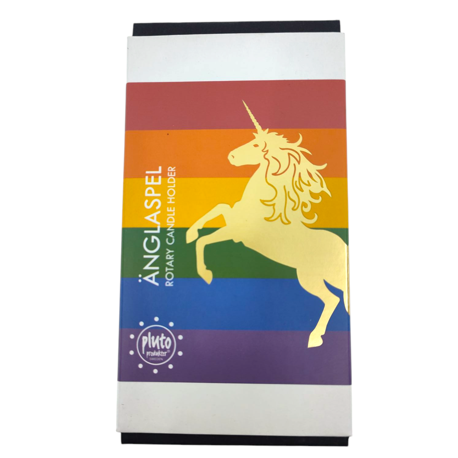 Box featuring a rainbow-striped background and a gold unicorn design. Text reads Candleholder: Pluto Design Angel Chime Unicorn Rotary Candle Holder Gold by Pluto Produkter.