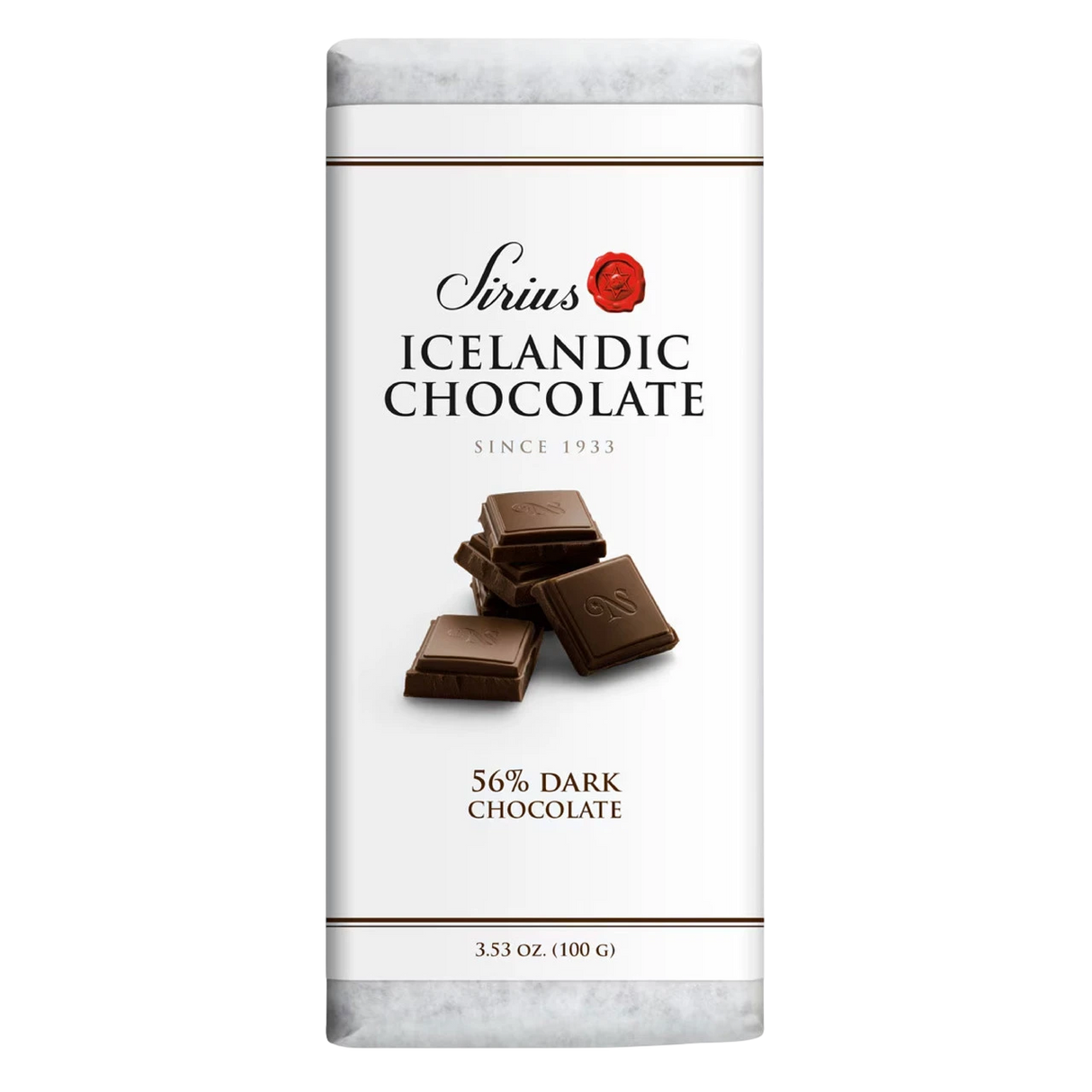 Icelandic dark chocolate bar in white packaging, showing 56% cacao and images of broken chocolate pieces. Net weight 3.53 oz (100g) displayed on the front.