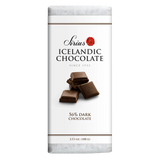 Icelandic dark chocolate bar in white packaging, showing 56% cacao and images of broken chocolate pieces. Net weight 3.53 oz (100g) displayed on the front.