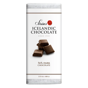 Icelandic dark chocolate bar in white packaging, showing 56% cacao and images of broken chocolate pieces. Net weight 3.53 oz (100g) displayed on the front.