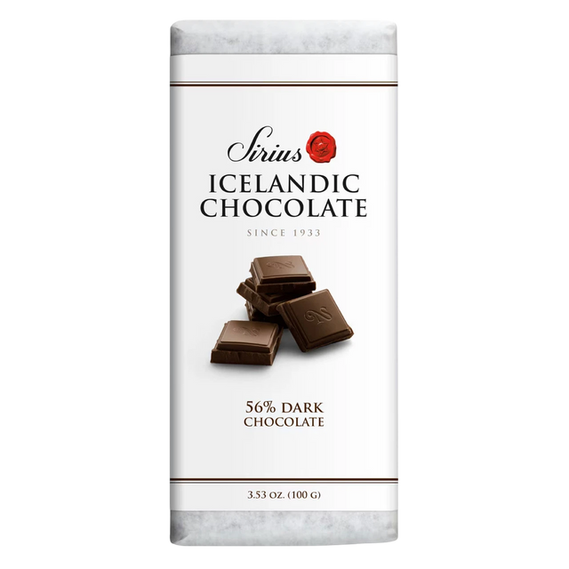 Icelandic dark chocolate bar in white packaging, showing 56% cacao and images of broken chocolate pieces. Net weight 3.53 oz (100g) displayed on the front.